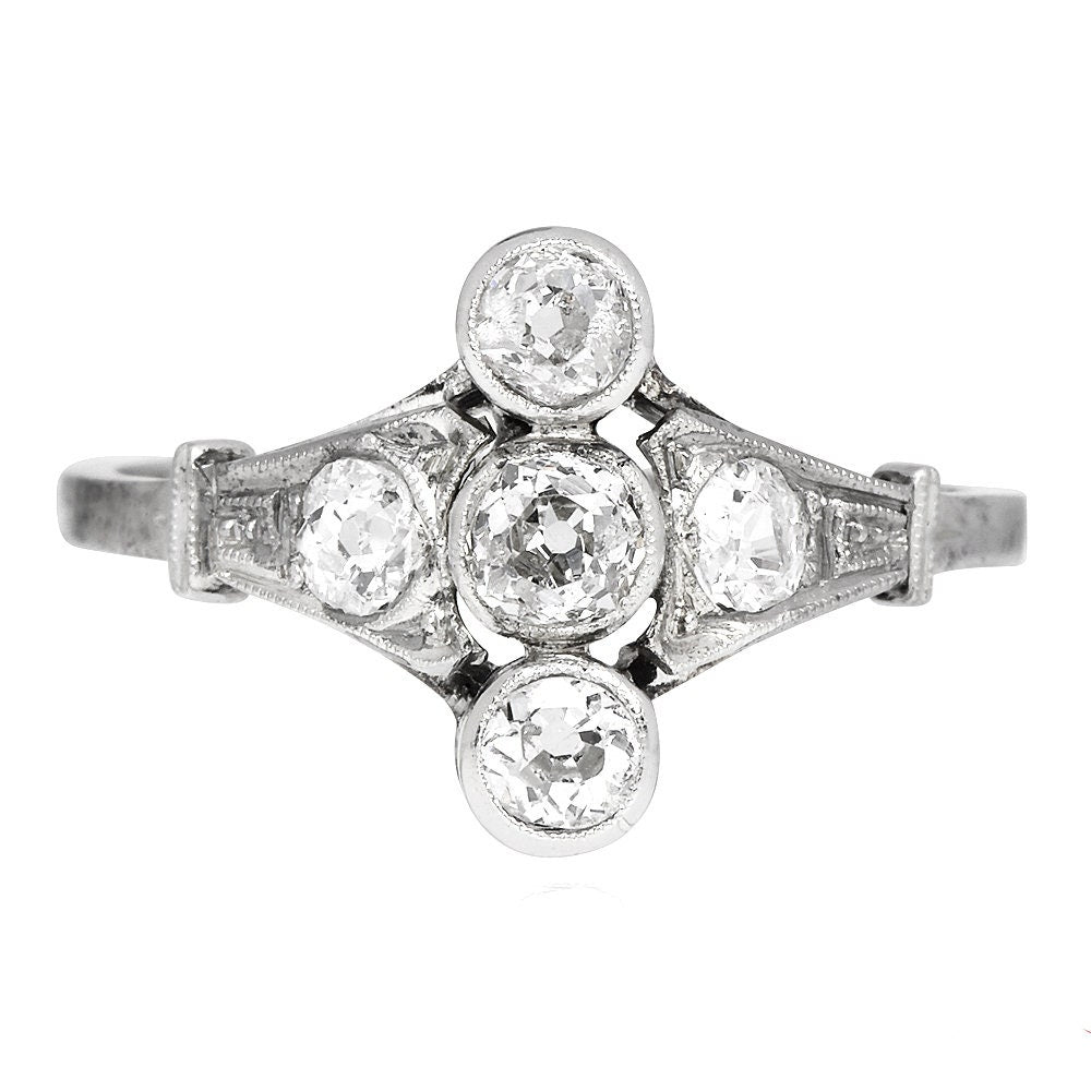 Antique Cruciform Engagement Ring in White Gold with European Cut Diamonds