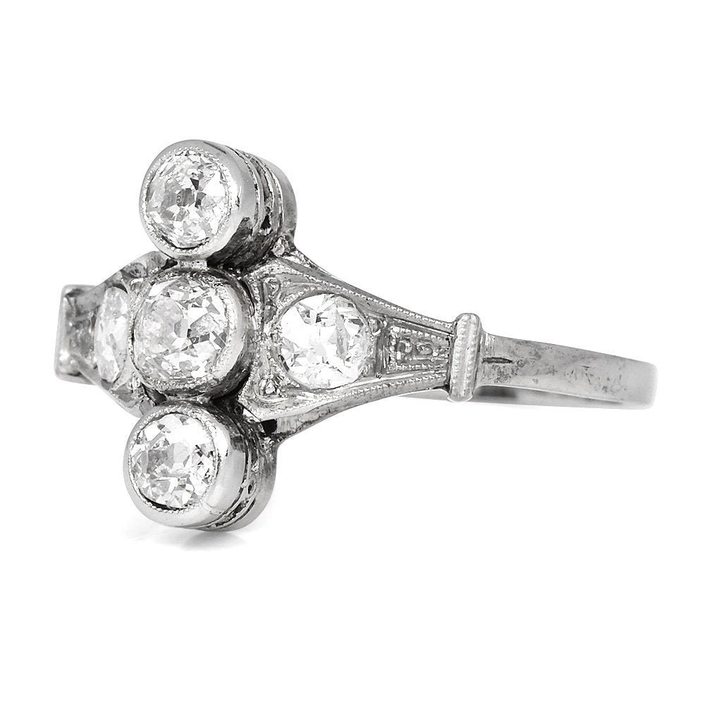 Antique Cruciform Engagement Ring in White Gold with European Cut Diamonds