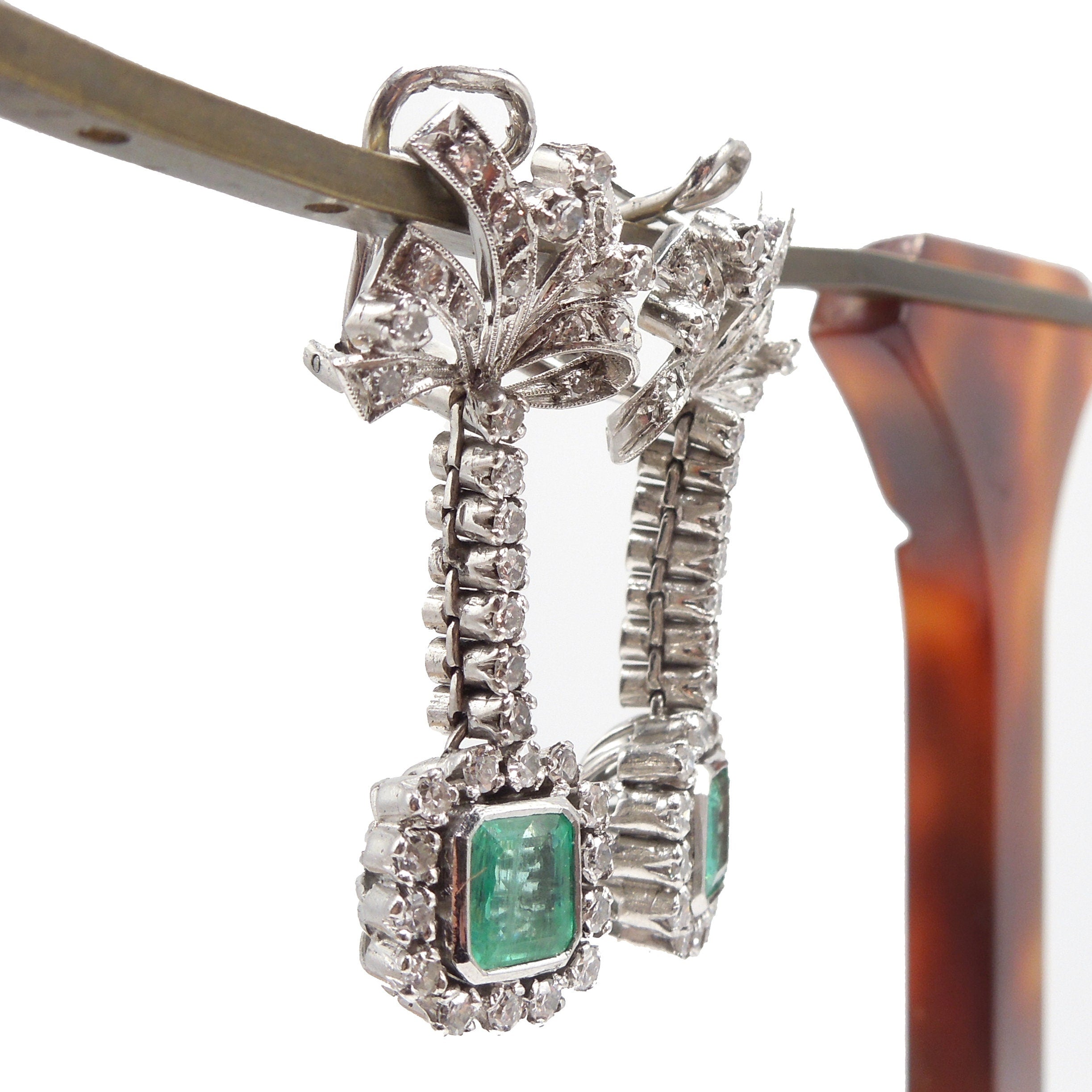 Vintage Emerald and Diamond Drop Earrings with Omega Backs in Palladium