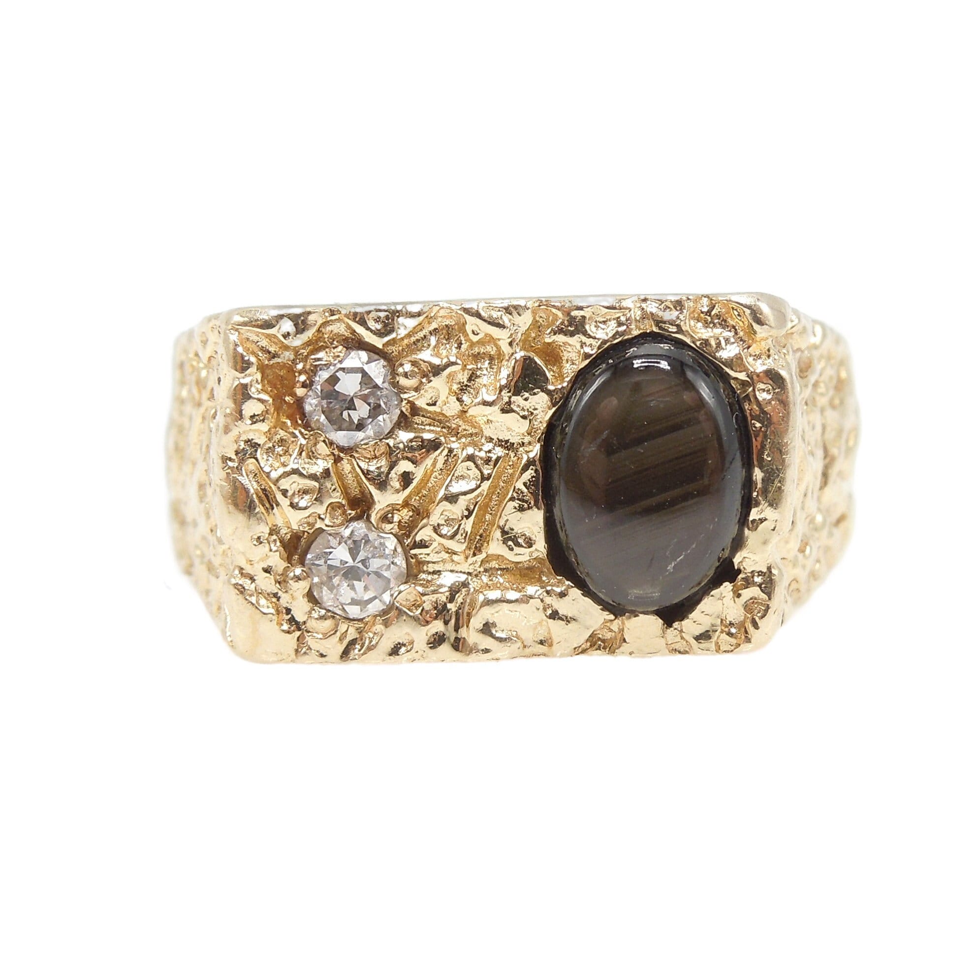 Natural Black Star Sapphire Nugget Style Gents Ring with Diamonds