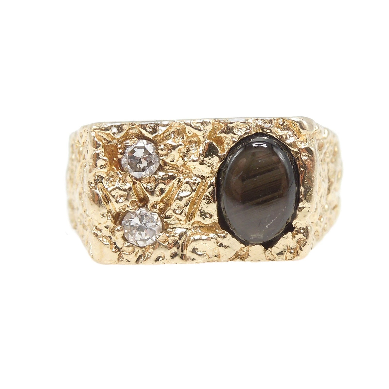 Natural Black Star Sapphire Nugget Style Gents Ring with Diamonds