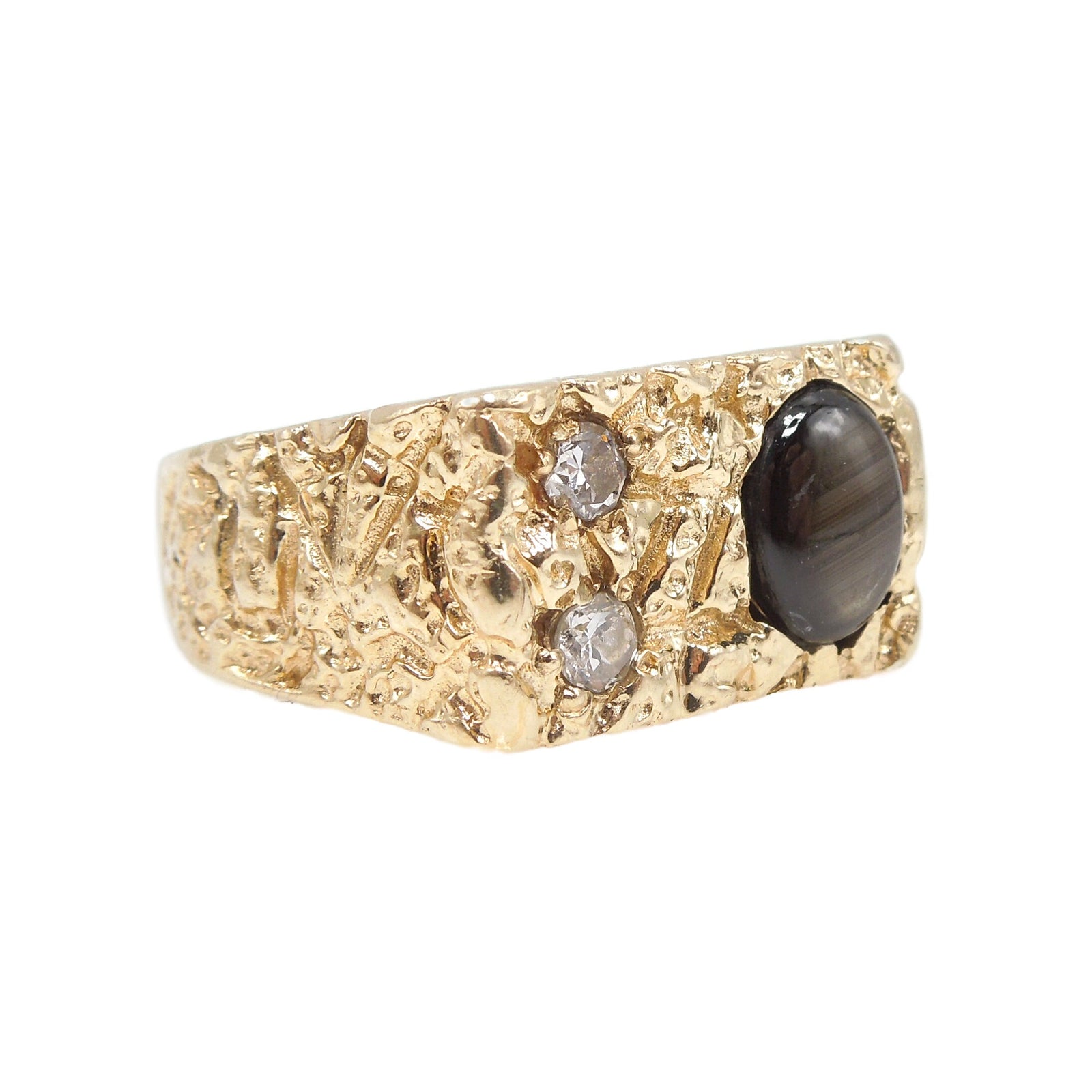 Natural Black Star Sapphire Nugget Style Gents Ring with Diamonds