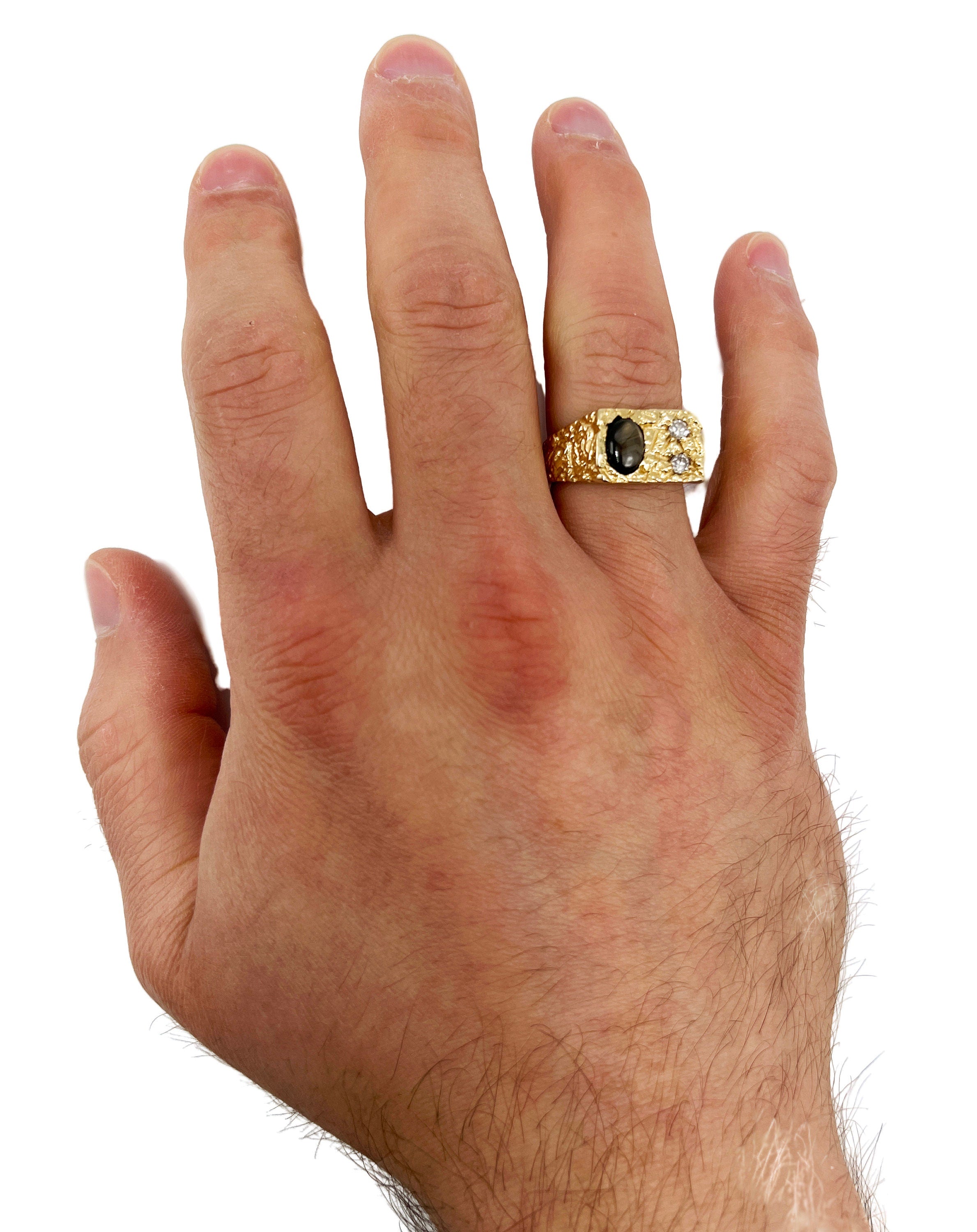 Natural Black Star Sapphire Nugget Style Gents Ring with Diamonds