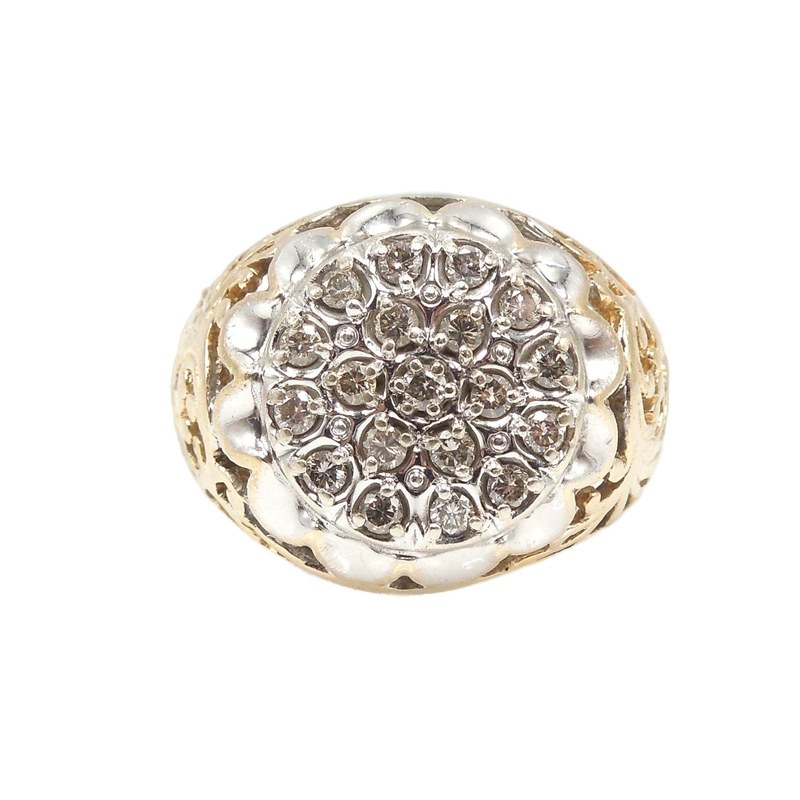 Oversized 10K Yellow and White Gold Bicolor Diamond Cluster with Filigree