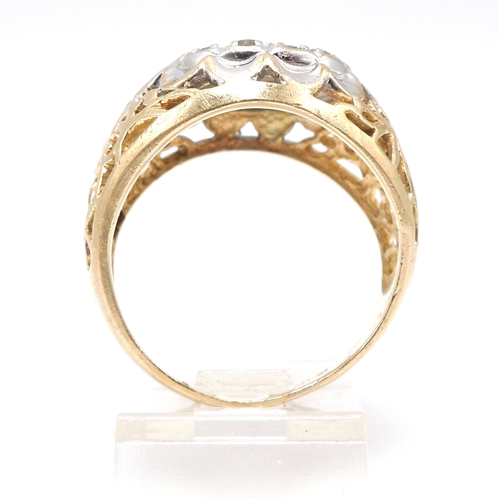 Oversized 10K Yellow and White Gold Bicolor Diamond Cluster with Filigree