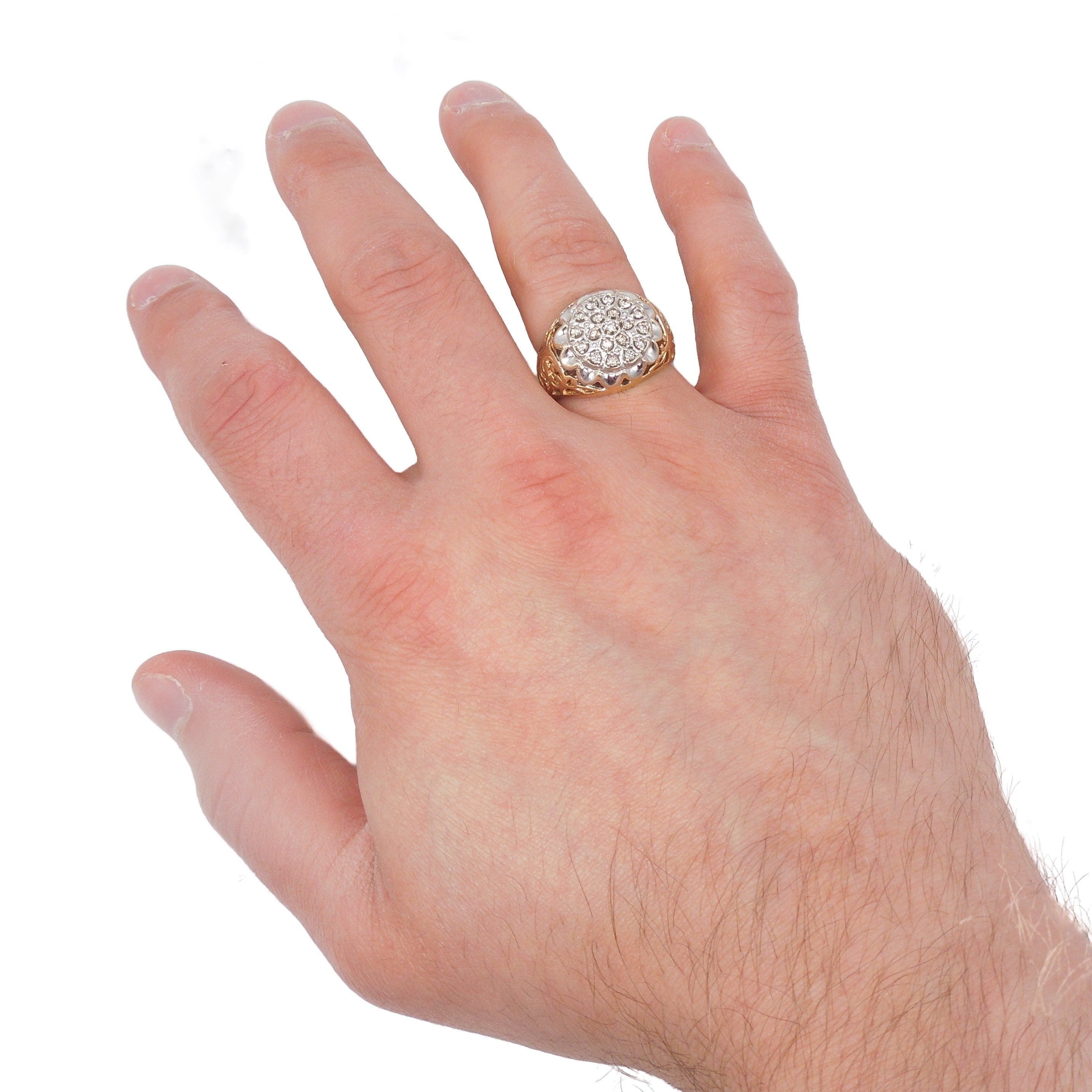 Oversized 10K Yellow and White Gold Bicolor Diamond Cluster with Filigree