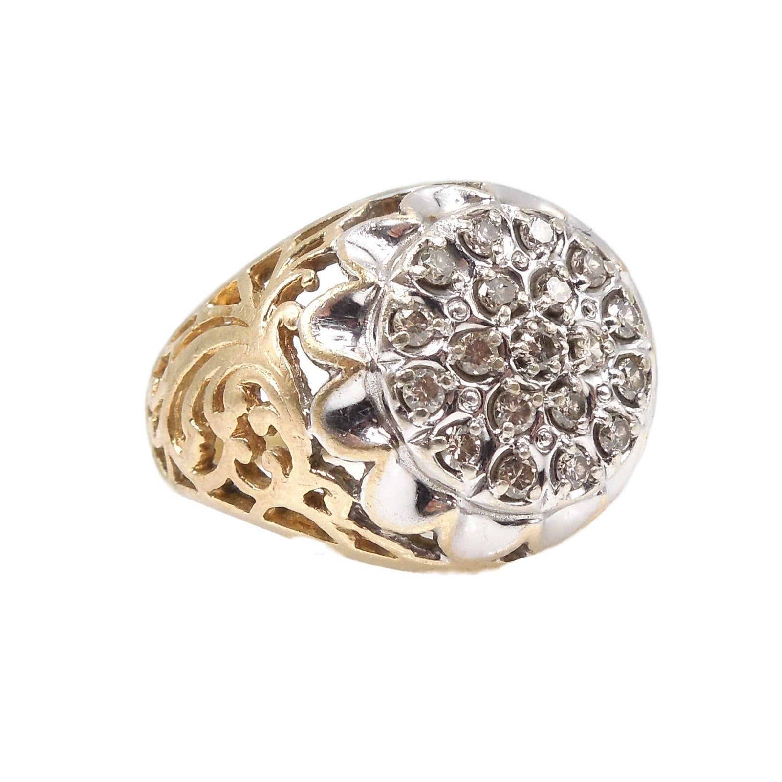 Oversized 10K Yellow and White Gold Bicolor Diamond Cluster with Filigree