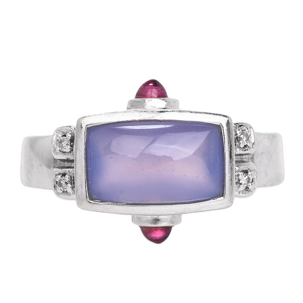 Estate Chalcedony, Diamond, and Tourmaline Ring in 14K White Gold