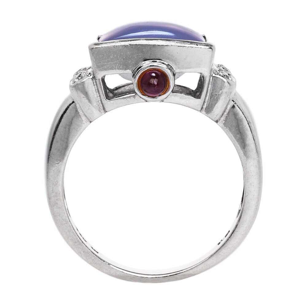 Estate Chalcedony, Diamond, and Tourmaline Ring in 14K White Gold