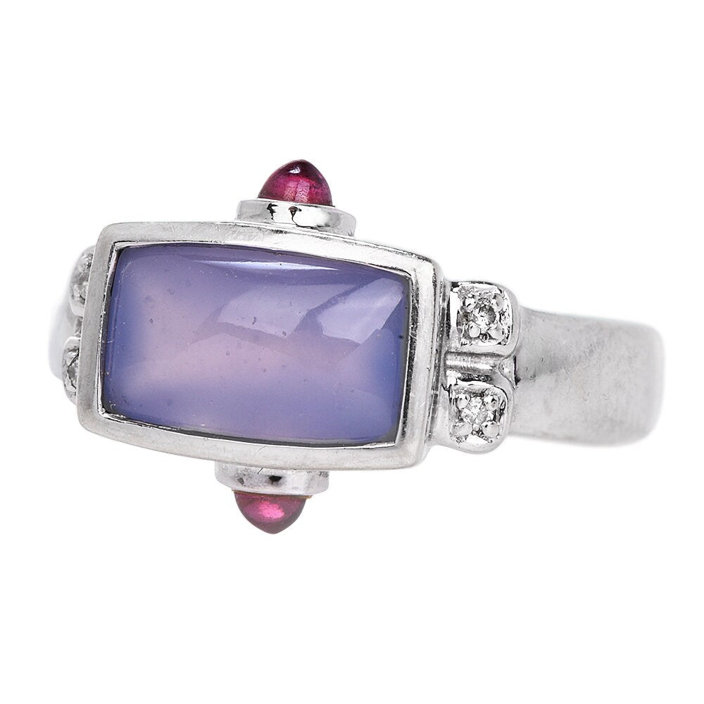 Estate Chalcedony, Diamond, and Tourmaline Ring in 14K White Gold