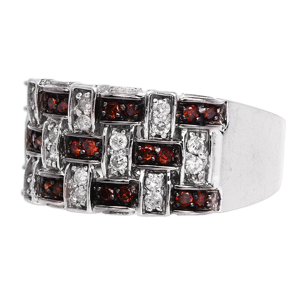 14K White Gold Weave Design Ring with White and Orange-Brown Diamonds