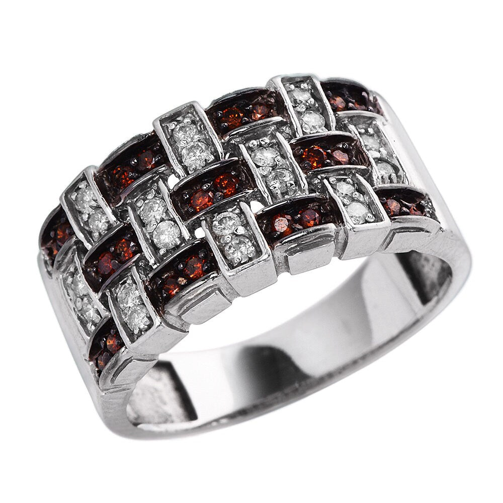 14K White Gold Weave Design Ring with White and Orange-Brown Diamonds