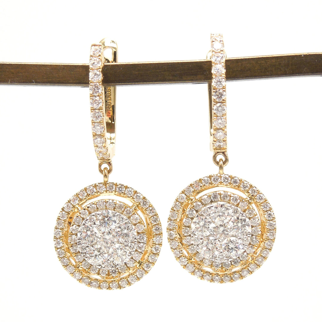 Large 18K Yellow Gold Double Halo Diamond Cluster Drop Earrings