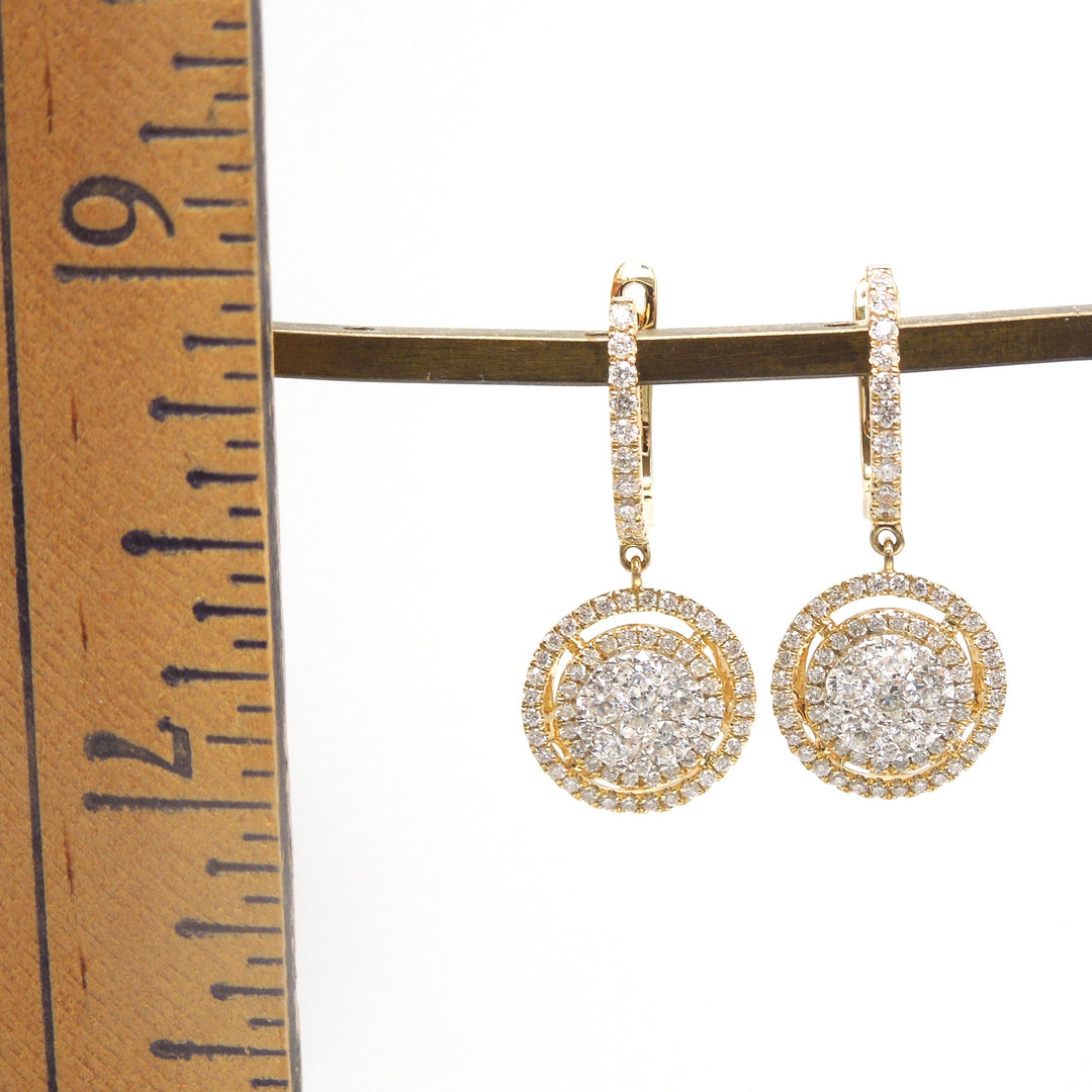 Large 18K Yellow Gold Double Halo Diamond Cluster Drop Earrings