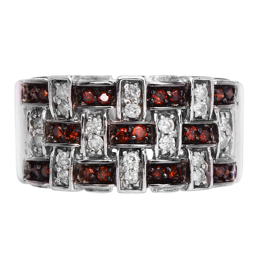 14K White Gold Weave Design Ring with White and Orange-Brown Diamonds
