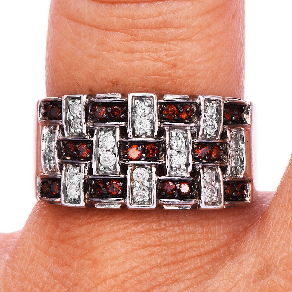 14K White Gold Weave Design Ring with White and Orange-Brown Diamonds