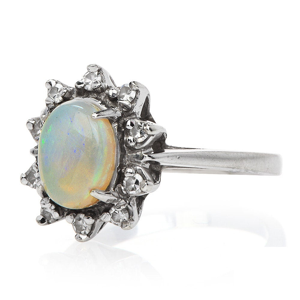 Vintage Opal and Diamond Halo Ring in 14K White Gold