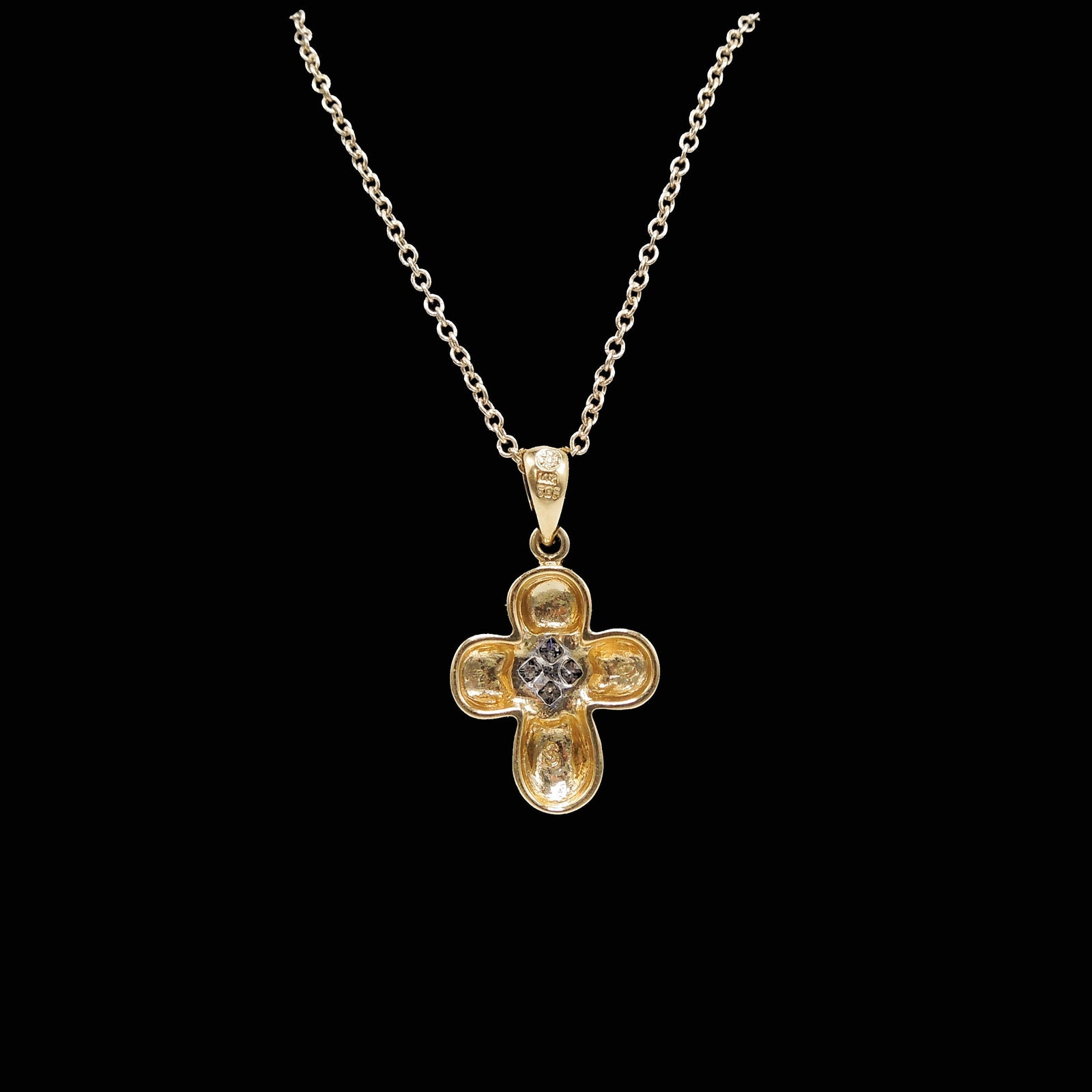 Small 14K Yellow Gold Cross with Flush Set Cluster of Princess Cut Diamonds