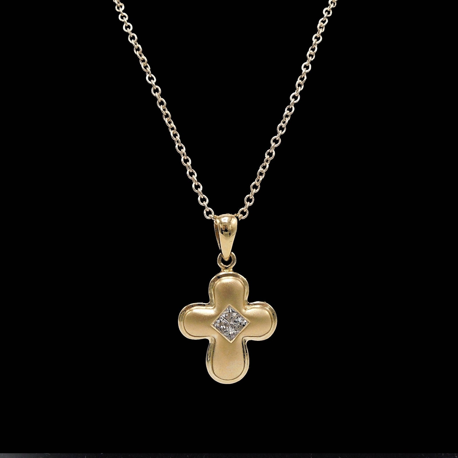 Small 14K Yellow Gold Cross with Flush Set Cluster of Princess Cut Diamonds