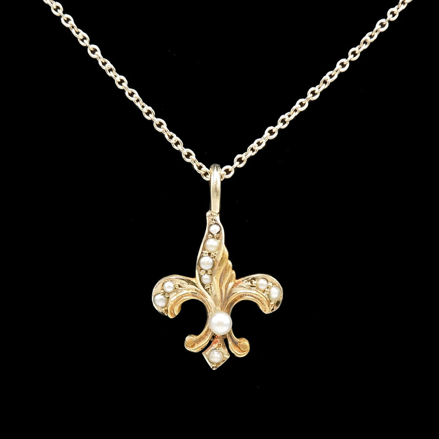 Antique Victorian Fleur-de-Lis Gold and Seed Pearl Pendant/Necklace