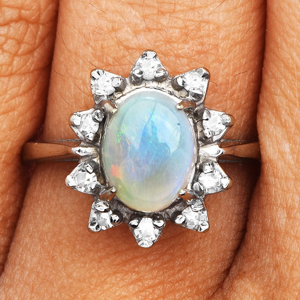 Vintage Opal and Diamond Halo Ring in 14K White Gold