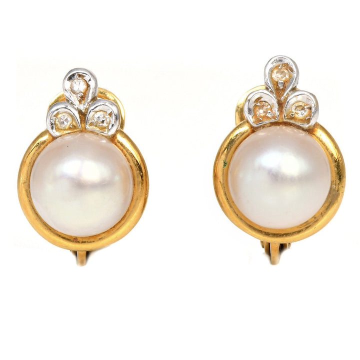 Diamond and Pearl 18K Yellow Gold Stud Earrings With Omega Backs