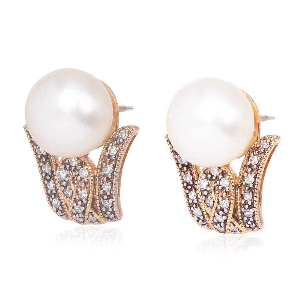 Estate Diamond and Pearl 14K Yellow Gold J-Hoop Earrings