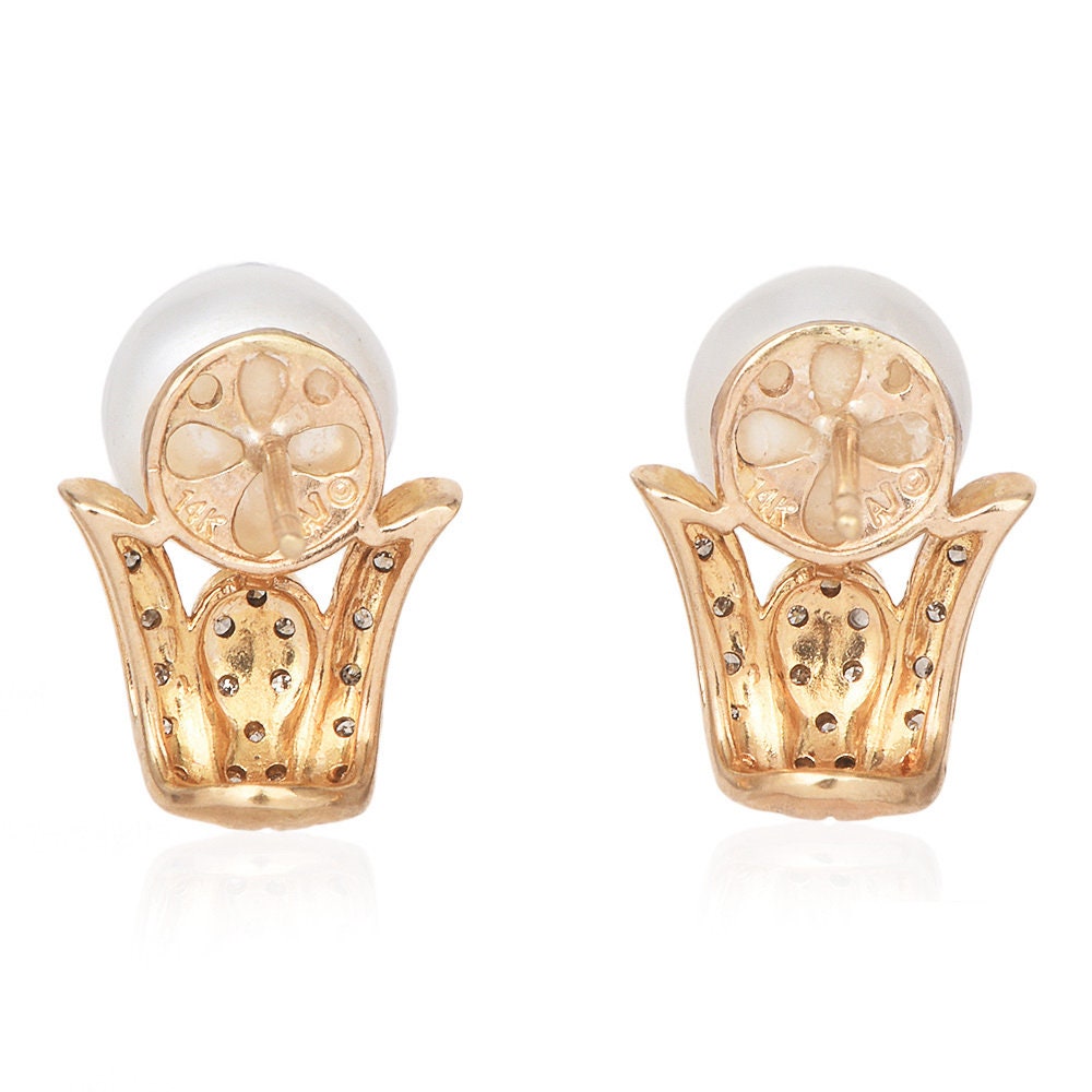 Estate Diamond and Pearl 14K Yellow Gold J-Hoop Earrings
