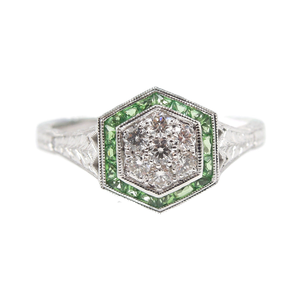 Diamond and Green (Tsavorite) Garnet Hexagonal Cluster Ring - Art Deco Style - White Gold