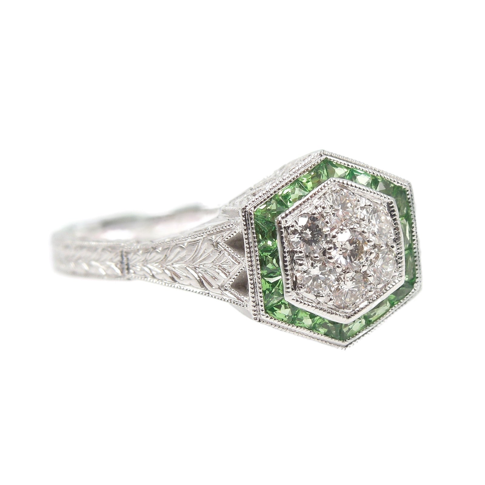 Diamond and Green (Tsavorite) Garnet Hexagonal Cluster Ring - Art Deco Style - White Gold