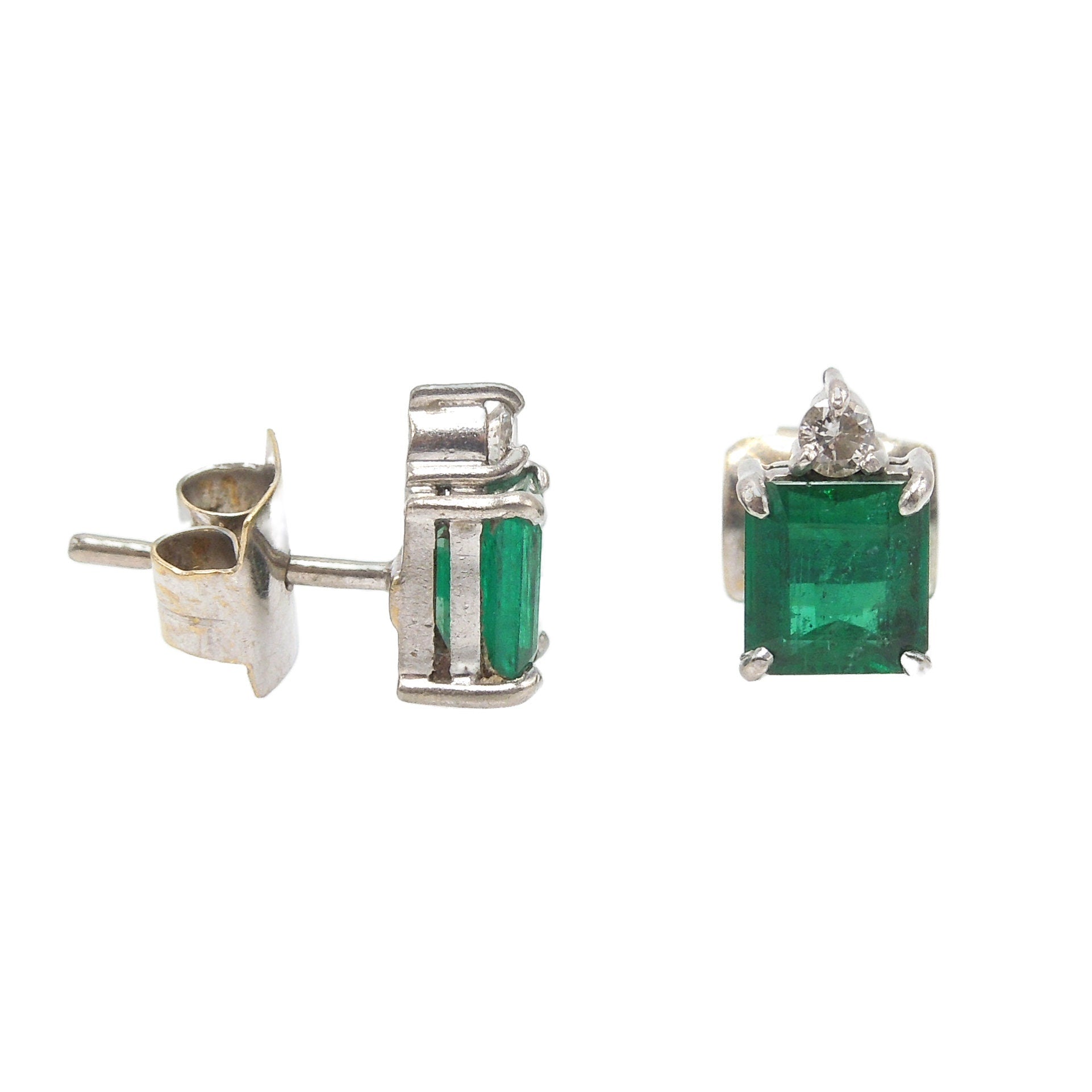 Vintage Diamond and Emerald Cut Emerald Stud Earrings in 18K White Gold