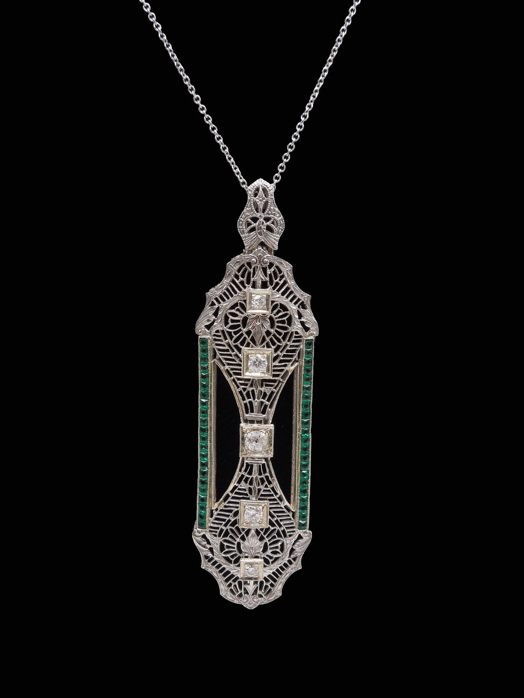 Antique Filigree Platinum Brooch/Bar Pin/Pendant Necklace with Diamonds and Emeralds