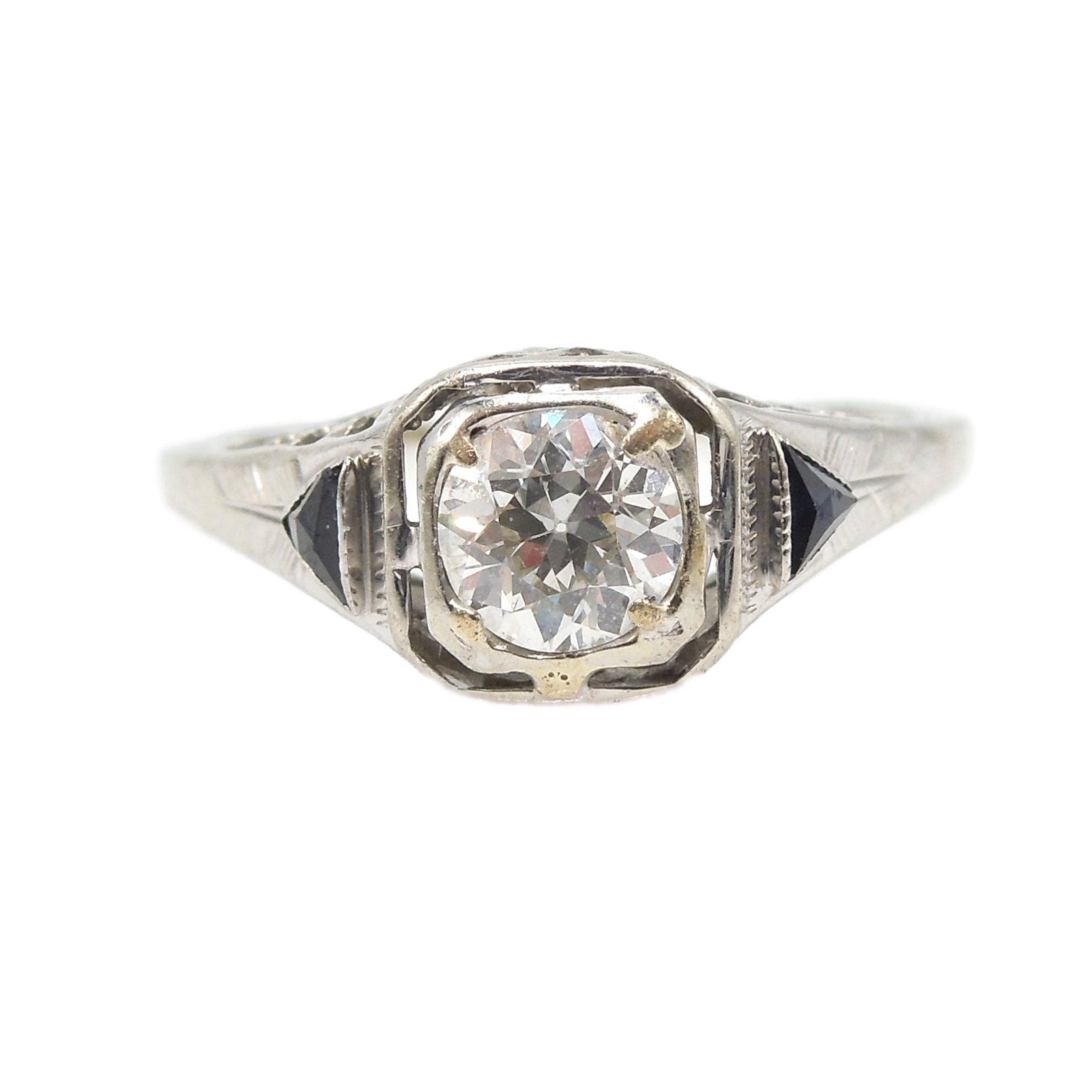 0.50ct European Cut Diamond with Triangle Sapphires in 18K White Gold Filigreed Art Deco Mounting