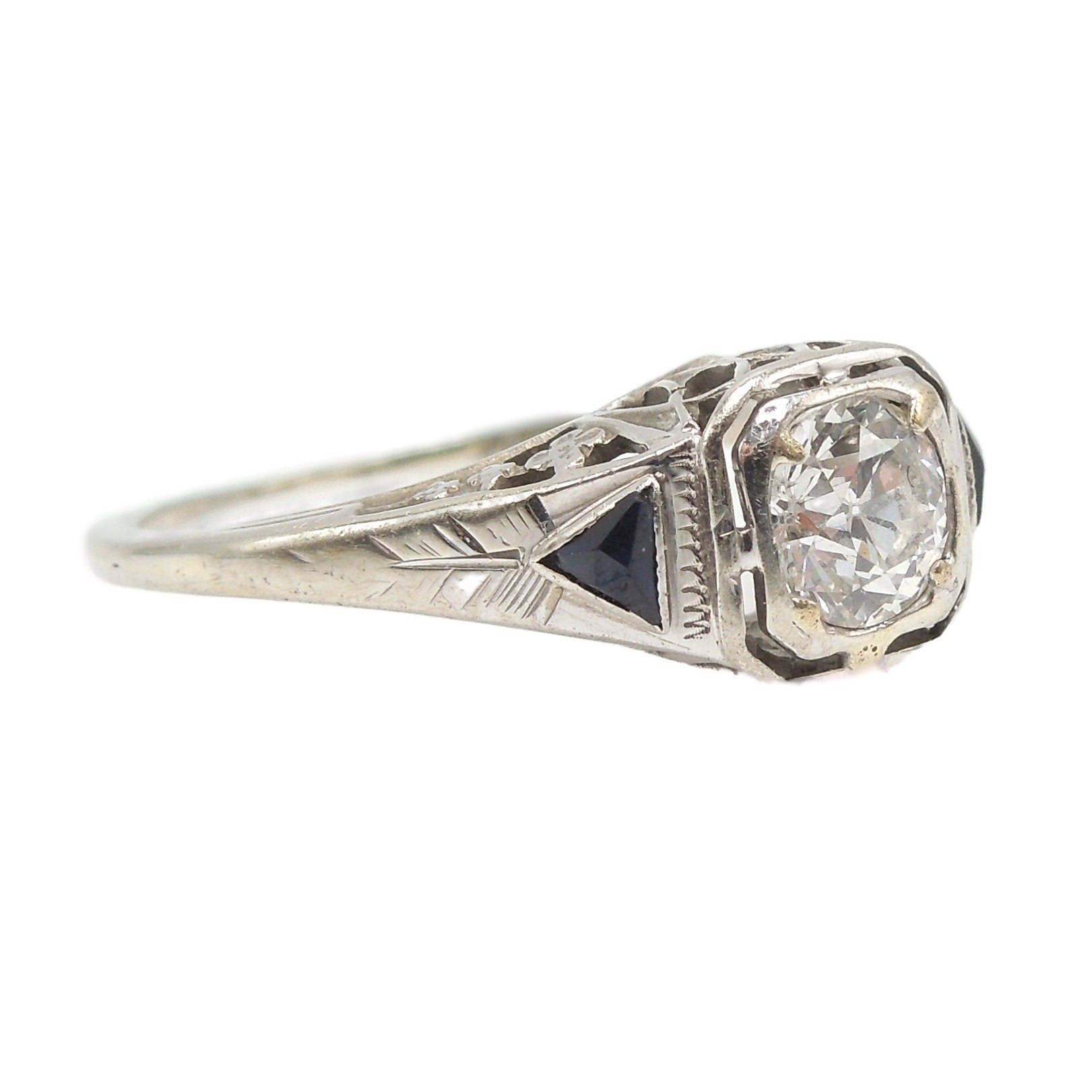0.50ct European Cut Diamond with Triangle Sapphires in 18K White Gold Filigreed Art Deco Mounting