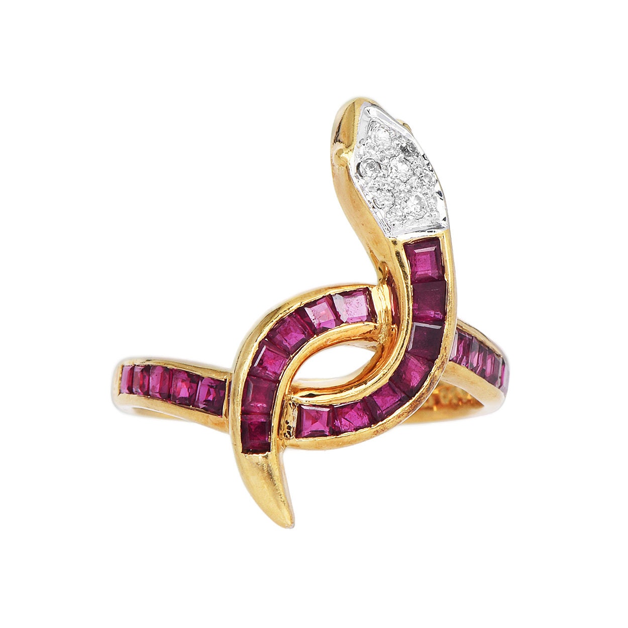 Vintage 18K Yellow Gold Diamond and Ruby Snake Ring