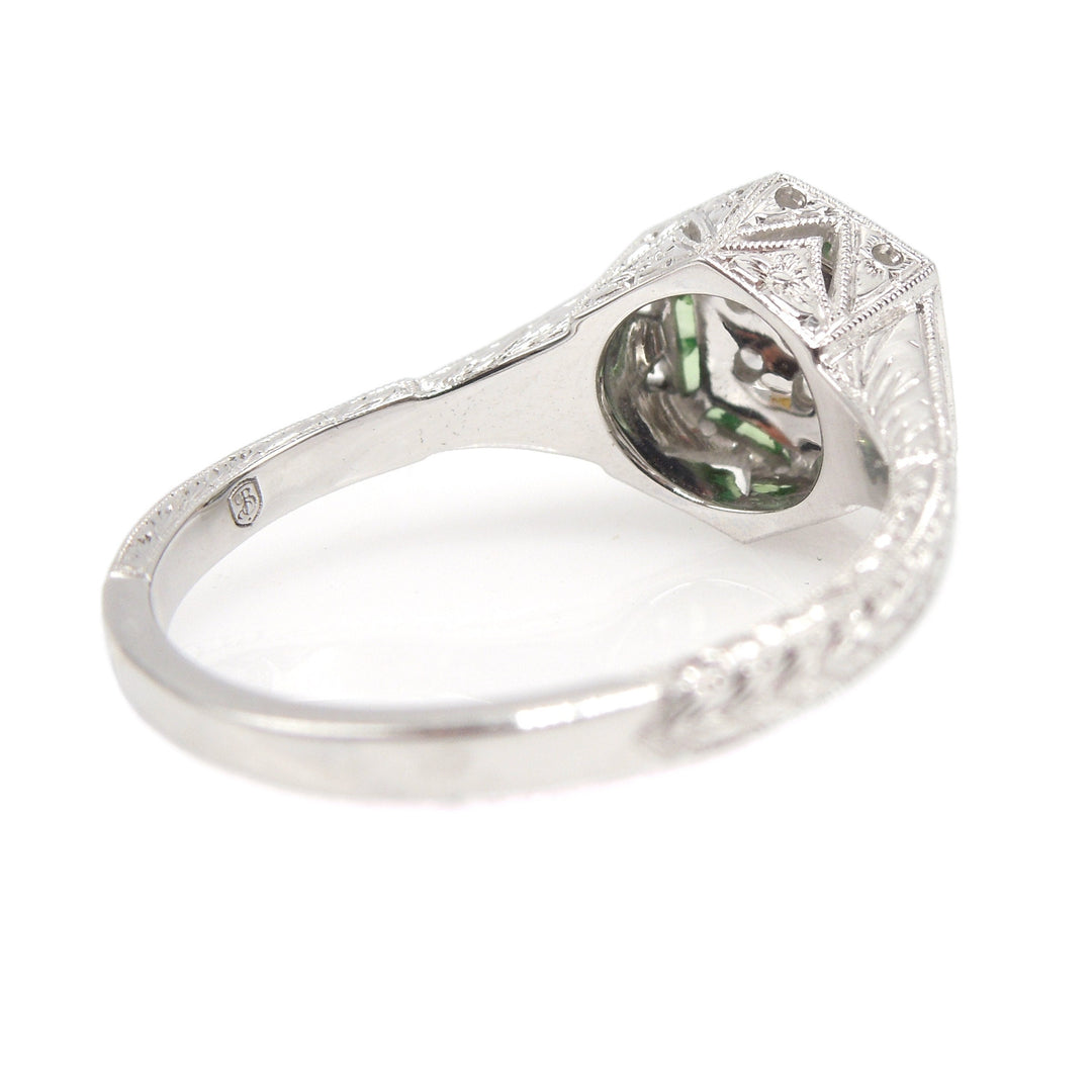 Diamond and Green (Tsavorite) Garnet Hexagonal Cluster Ring - Art Deco Style - White Gold