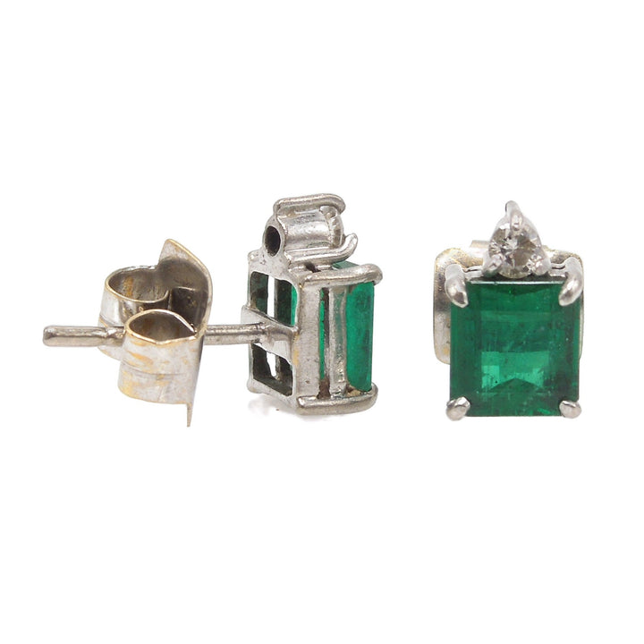 Vintage Diamond and Emerald Cut Emerald Stud Earrings in 18K White Gold