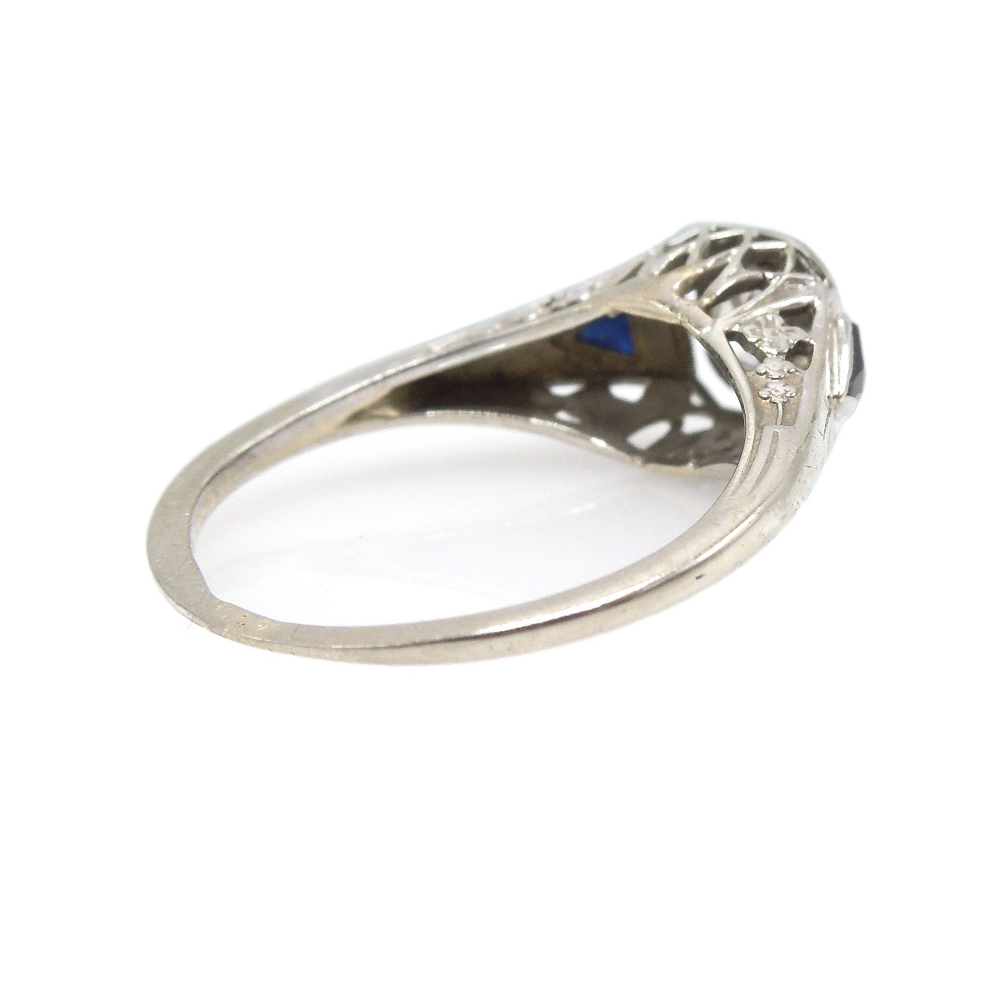 0.50ct European Cut Diamond with Triangle Sapphires in 18K White Gold Filigreed Art Deco Mounting