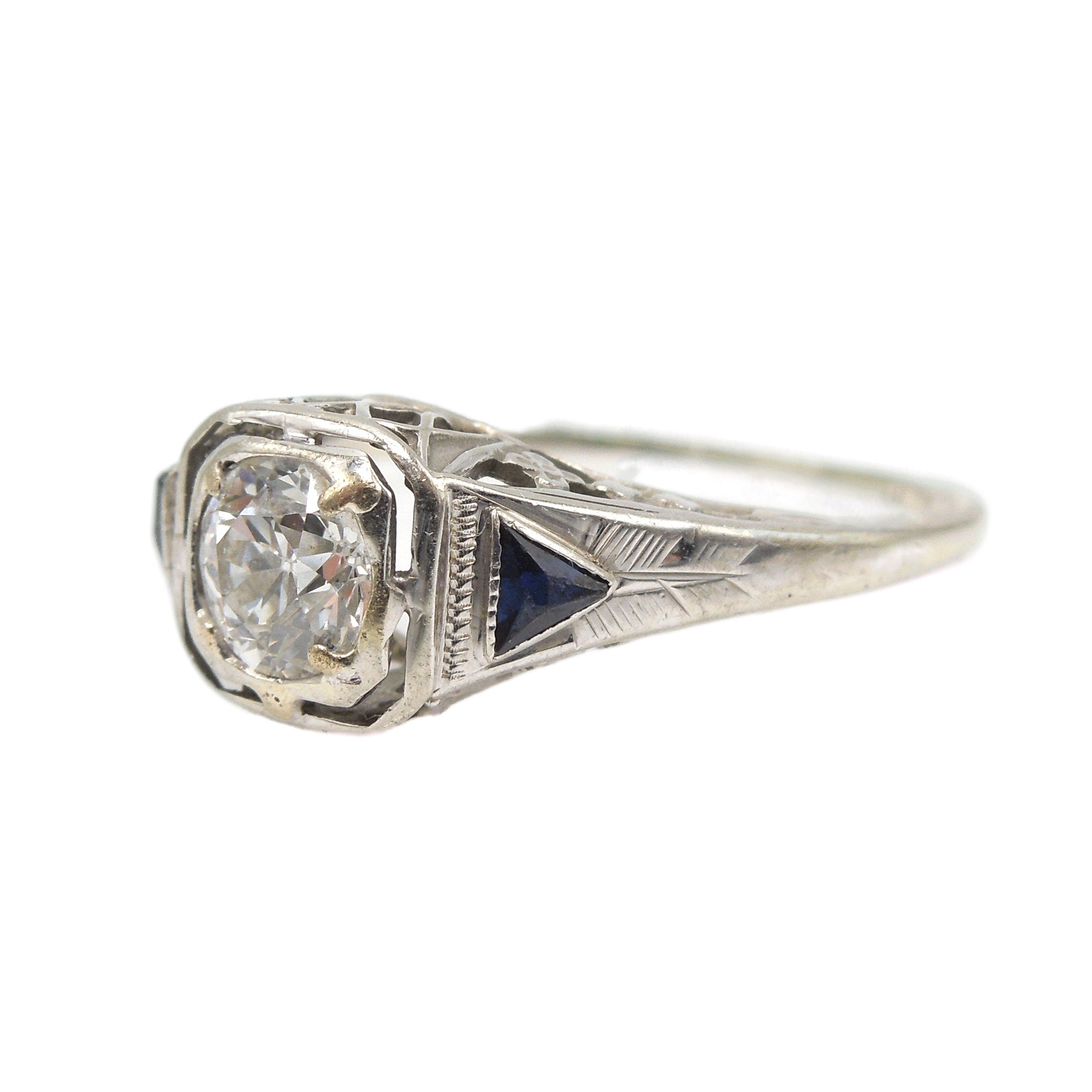 0.50ct European Cut Diamond with Triangle Sapphires in 18K White Gold Filigreed Art Deco Mounting