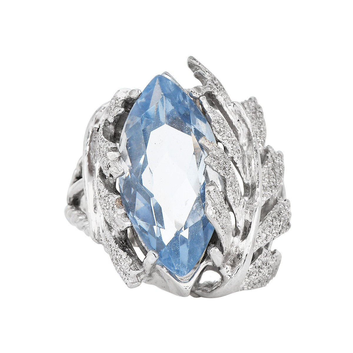 Large Marquise Cut Blue Spinel in 14K White Gold Leaf Motif Ring