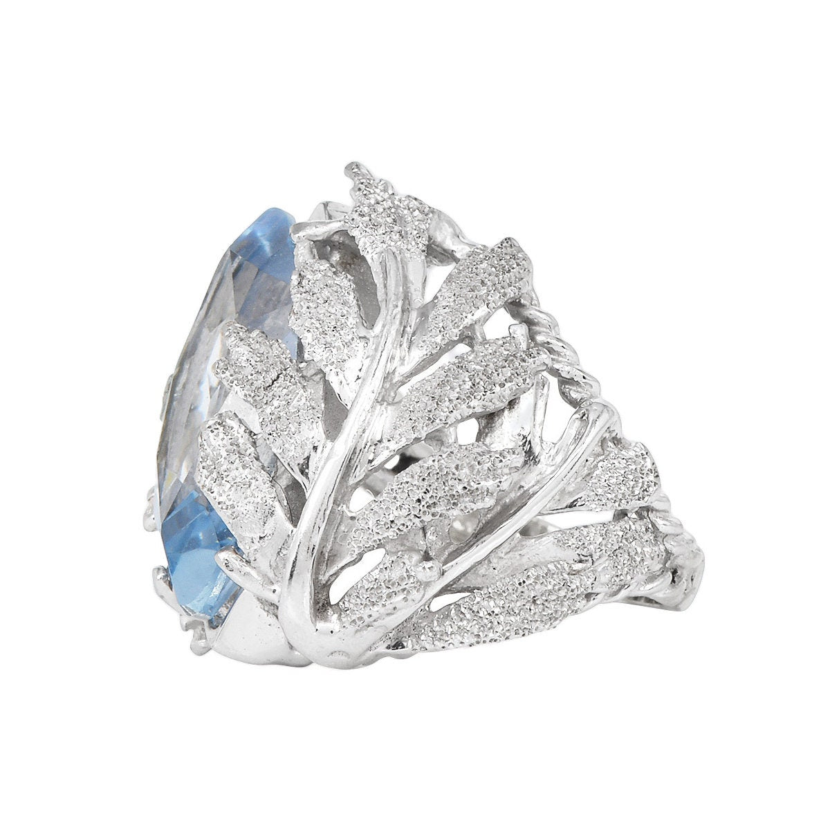 Large Marquise Cut Blue Spinel in 14K White Gold Leaf Motif Ring