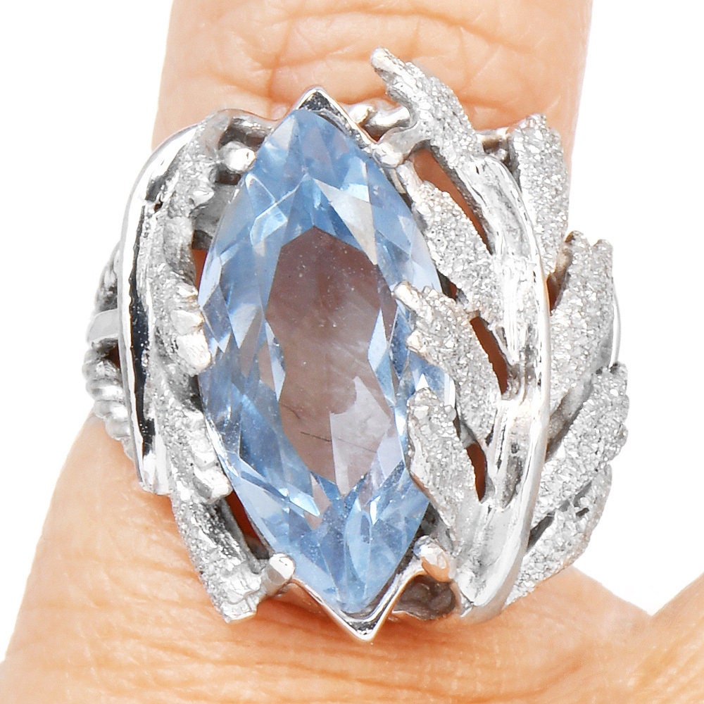 Large Marquise Cut Blue Spinel in 14K White Gold Leaf Motif Ring