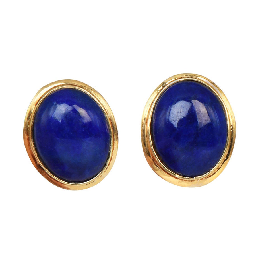 Vintage Oval Lapid Lazuli Bezel Set Stud Earrings in Yellow Gold