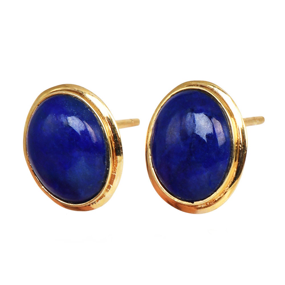 Vintage Oval Lapid Lazuli Bezel Set Stud Earrings in Yellow Gold