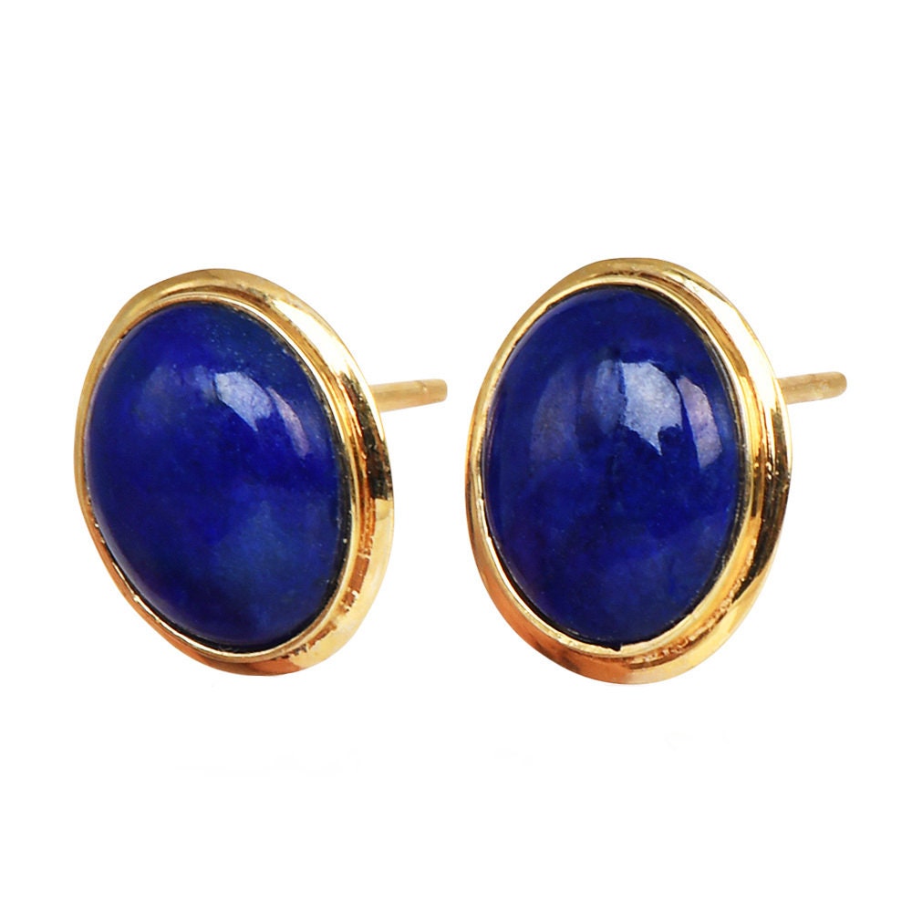 Vintage Oval Lapid Lazuli Bezel Set Stud Earrings in Yellow Gold