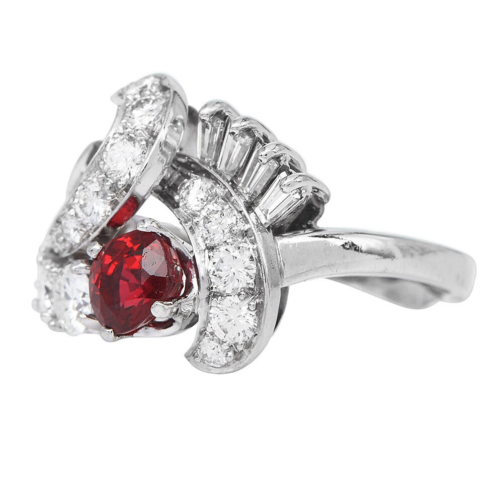 1940s Retro Diamond and Oval Ruby Swirl Ring in Platinum