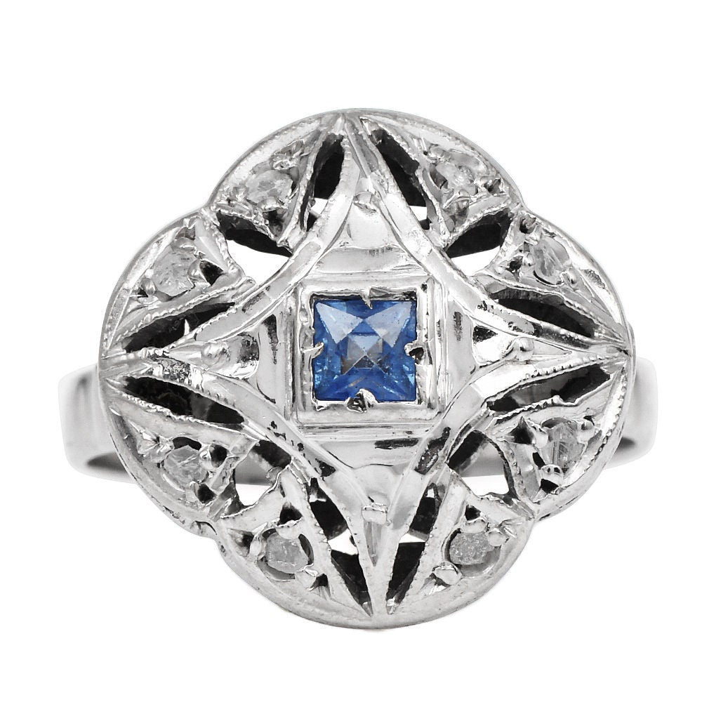 Vintage Palladium Diamond and Sapphire Quatrefoil Ring