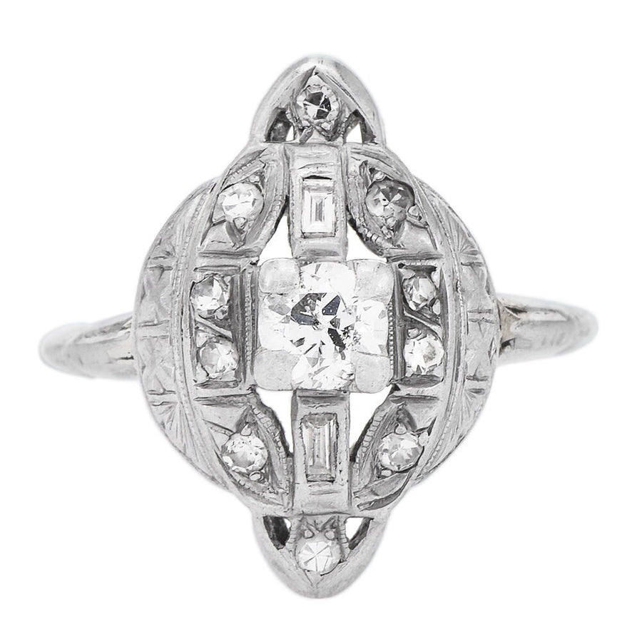 Antique Art Deco Platinum and Diamond Navette Engagement Ring