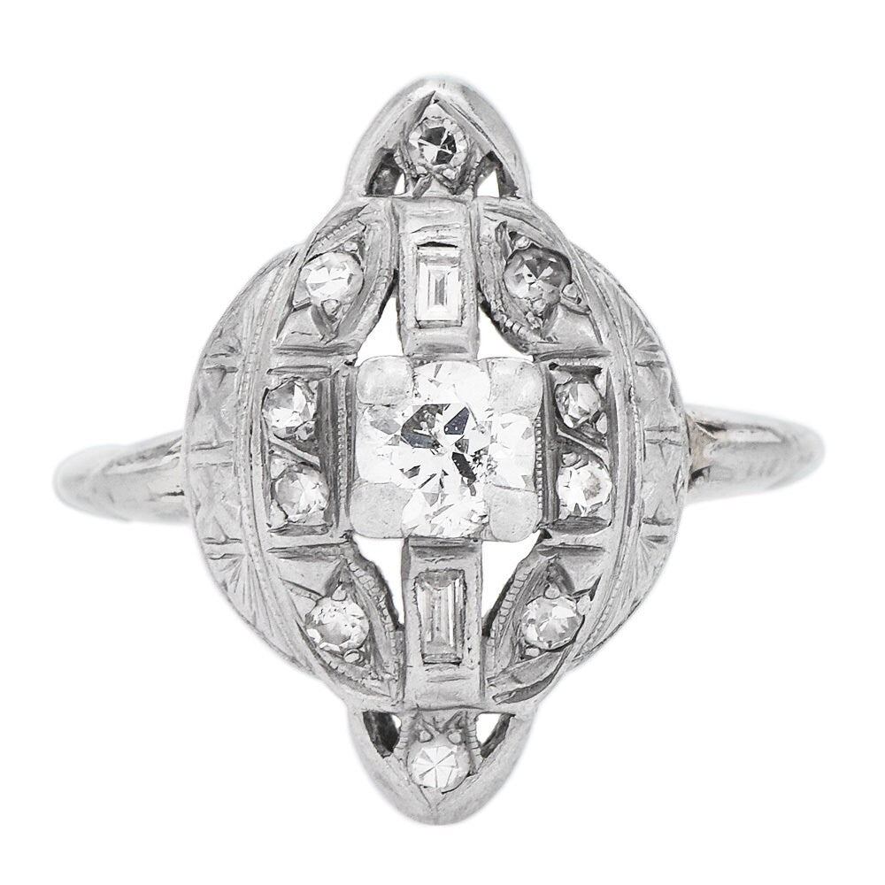 Antique Art Deco Platinum and Diamond Navette Engagement Ring