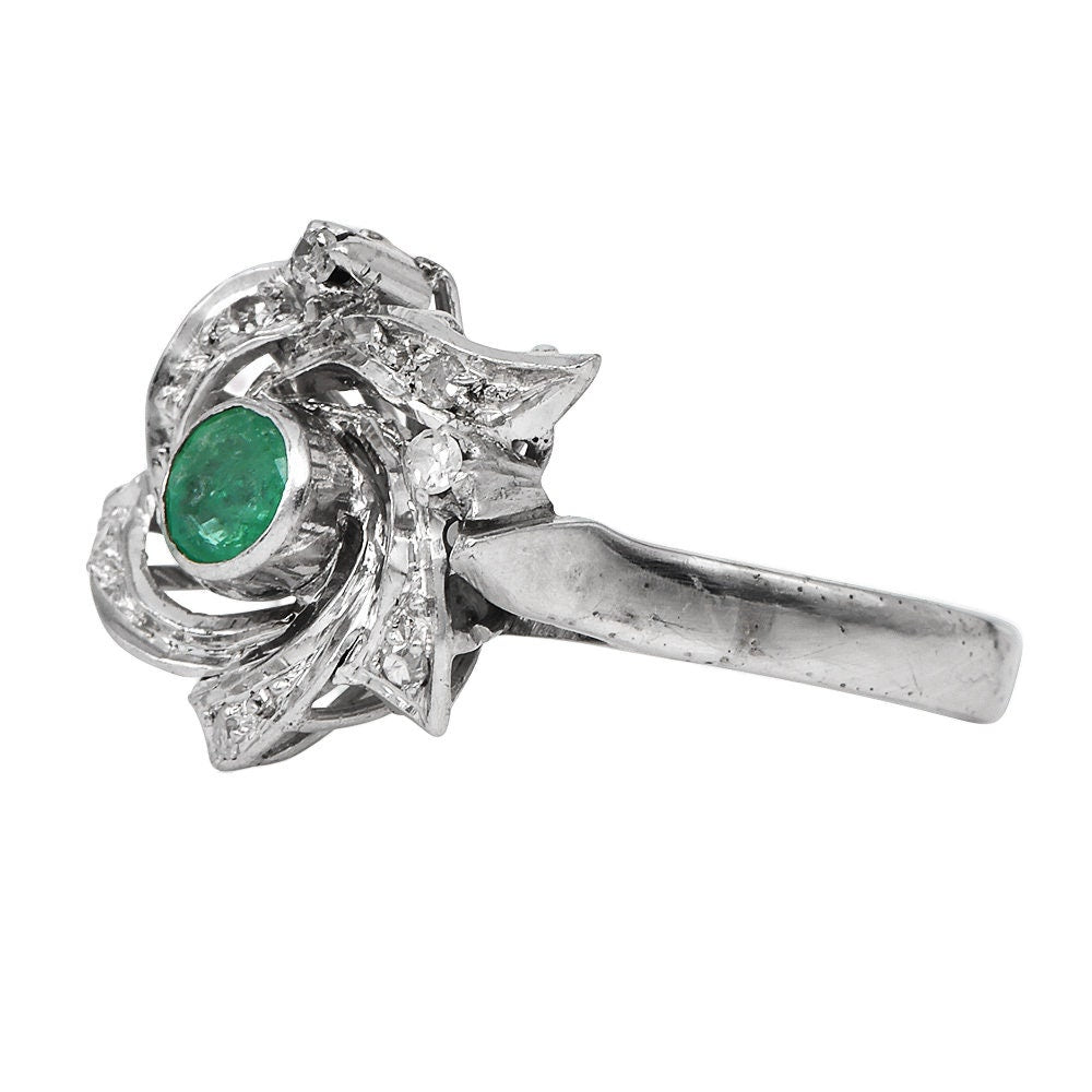 Vintage Emerald and Diamond Floral Spiral Ring in Palladium